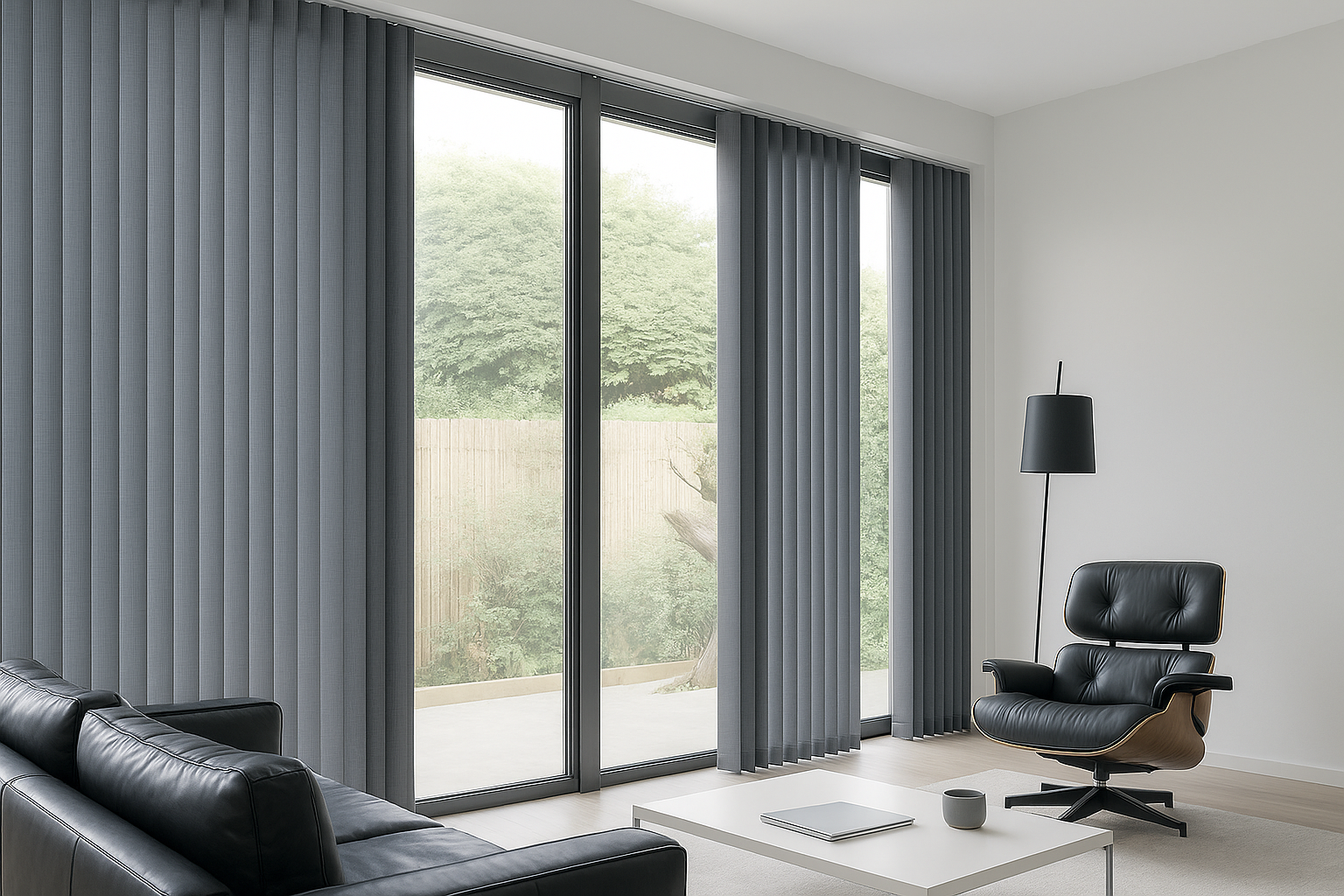 Cortina vertical de tela en living comedor con luz natural en casa de Talca